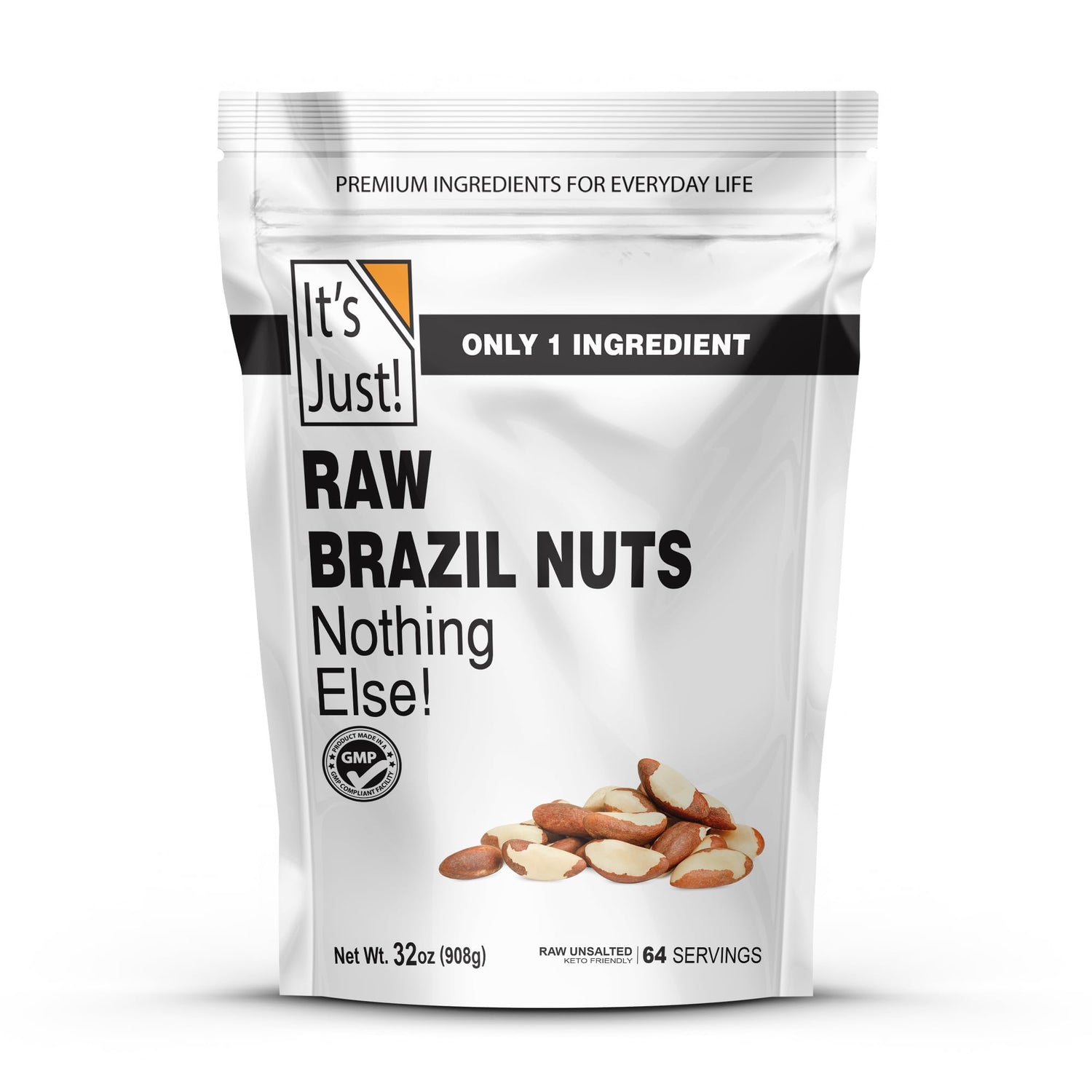 It's Just! Raw Brazil Nuts packaging shows a resealable bag for freshness