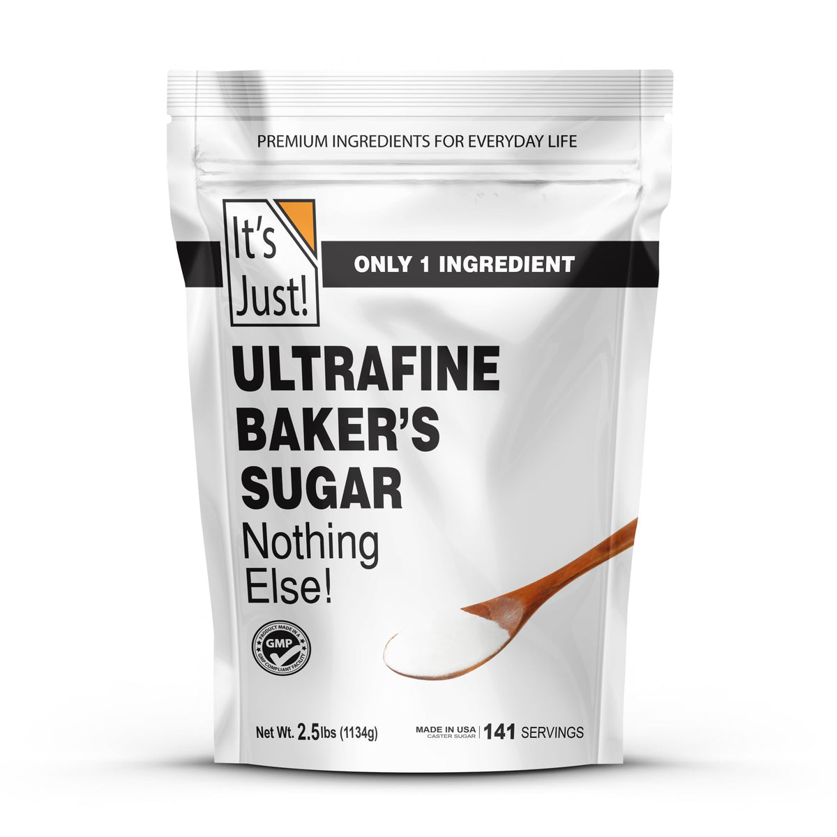 Its Just ultrafine caster sugar bag on kitchen counter, dissolving quickly for meringues.