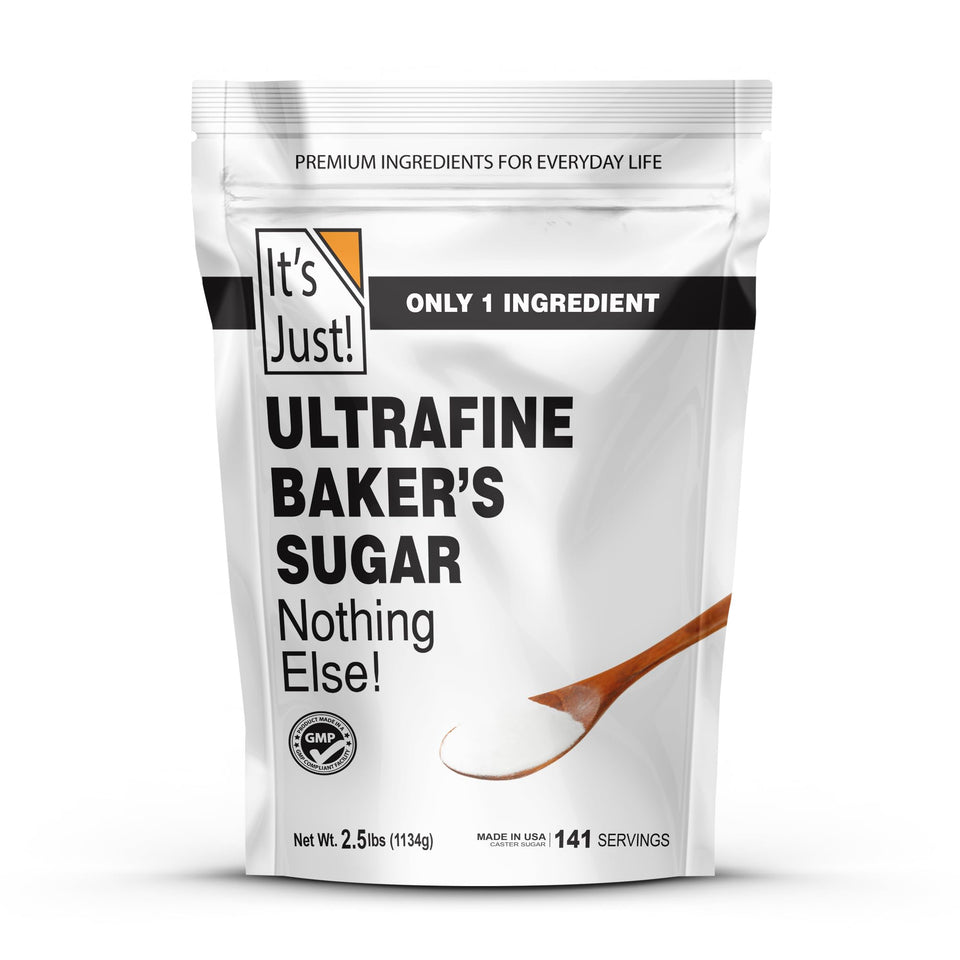 Its Just ultrafine caster sugar bag on kitchen counter, dissolving quickly for meringues.