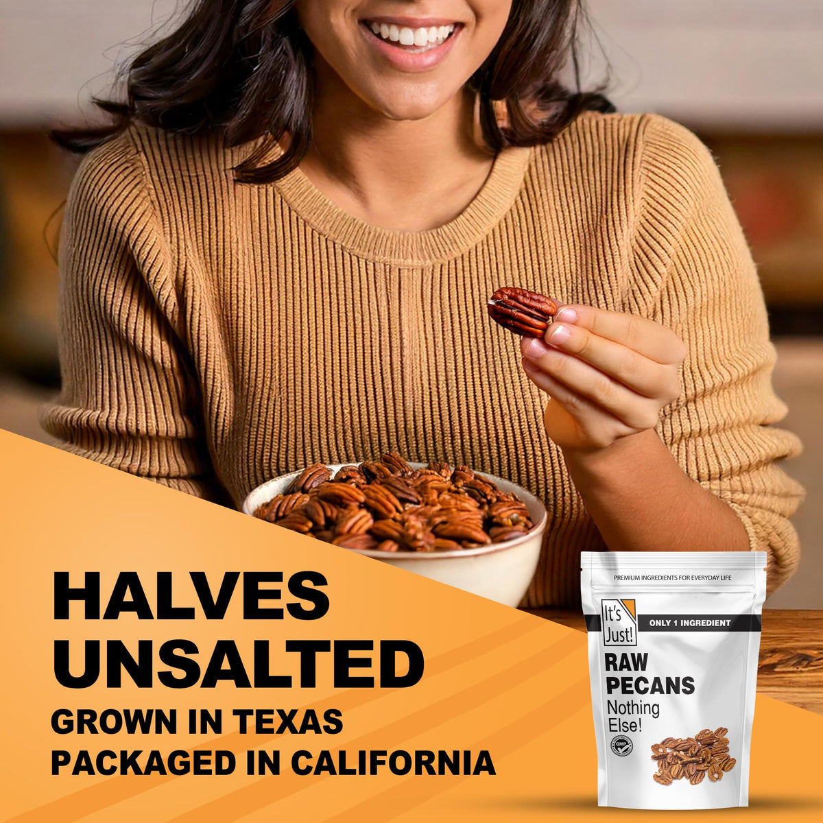 It's Just! unsalted-pecans-ready-to-eat for versatile, clean-turred snacking.