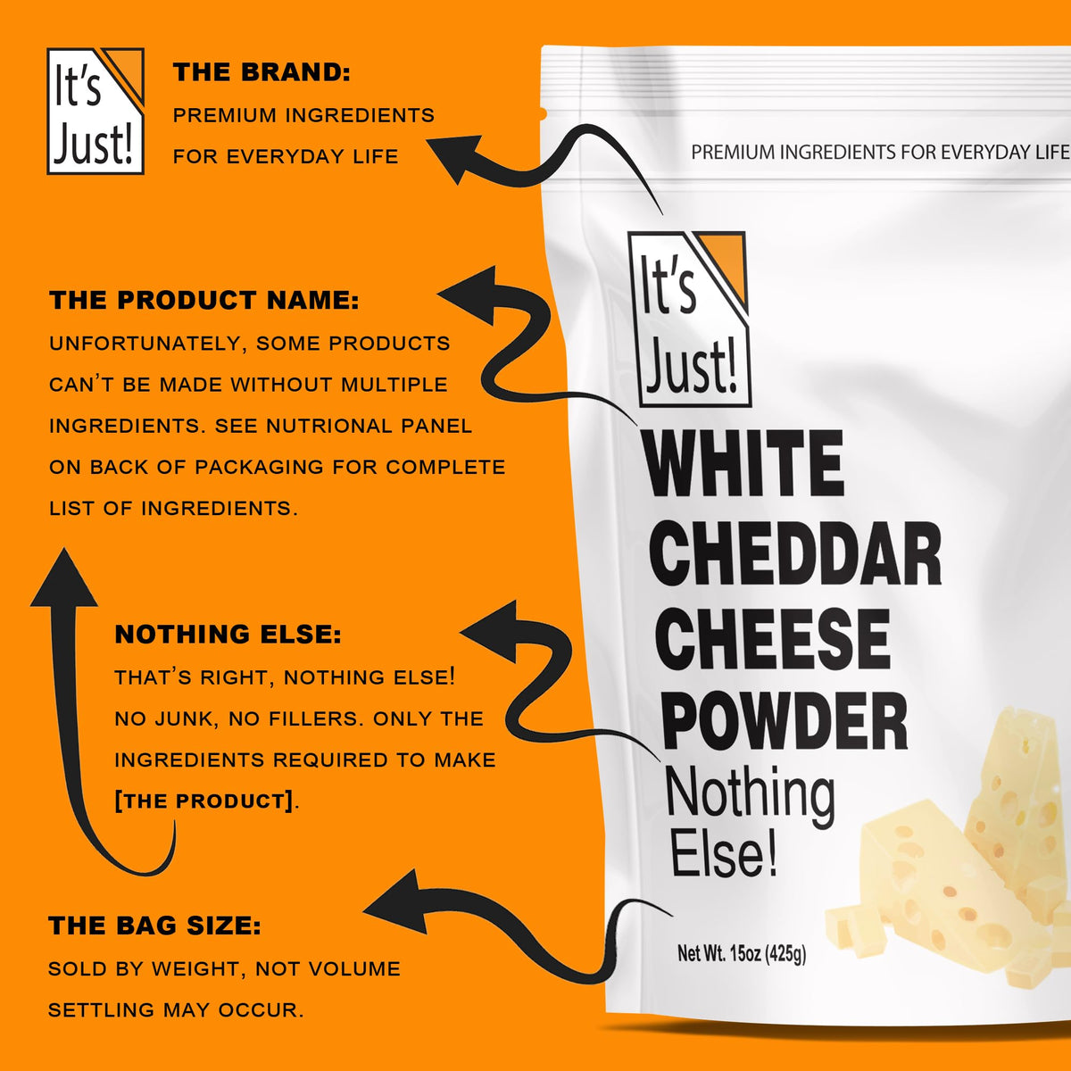 It's Just! white cheddar powder being dispensed for popcorn seasoning.