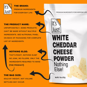 It's Just! white cheddar powder being dispensed for popcorn seasoning.