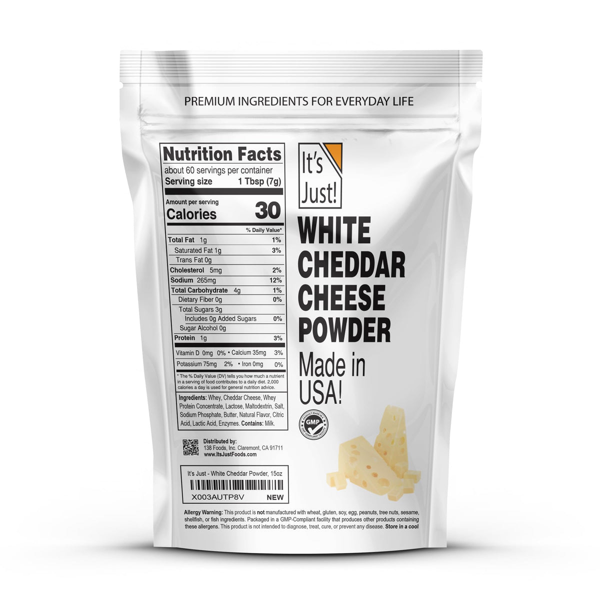 It's Just! white cheddar powder packaging close-up highlighting USA-made quality.