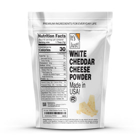 It's Just! white cheddar powder packaging close-up highlighting USA-made quality.