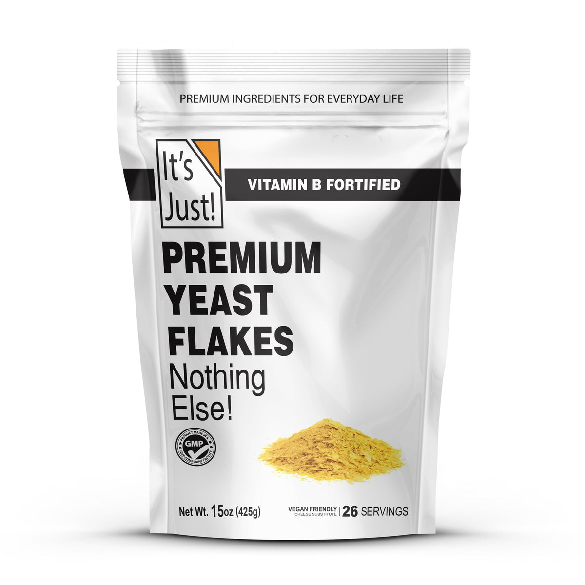 Its Just! yeast flakes packaging shows premium fortified yeast for versatile vegan cooking.