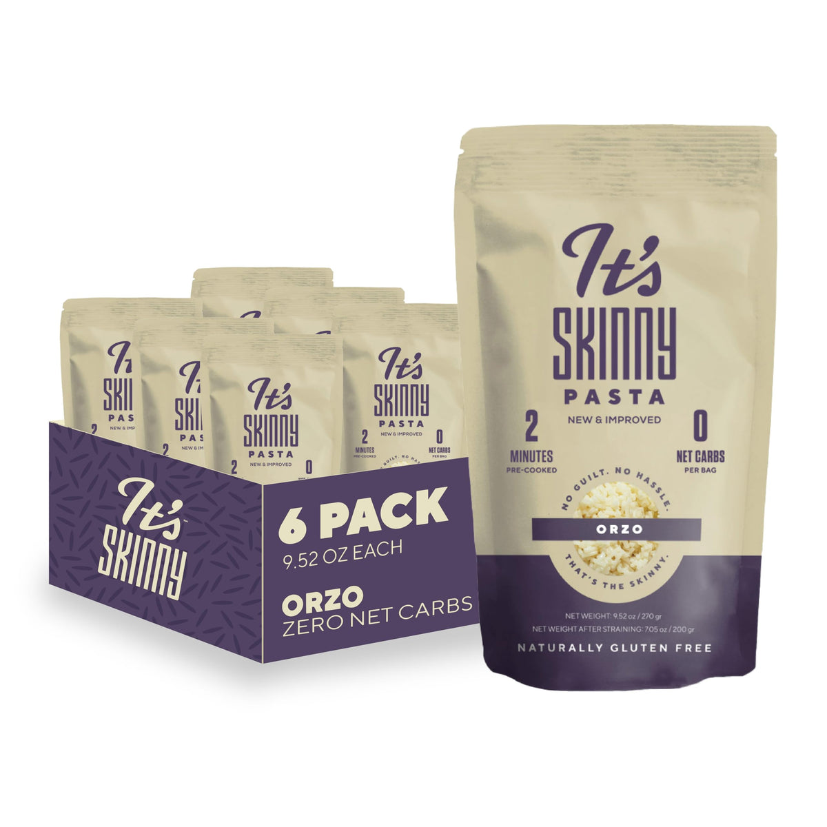 It's Skinny Orzo pack shot shows gluten-free, low-calorie pasta option.