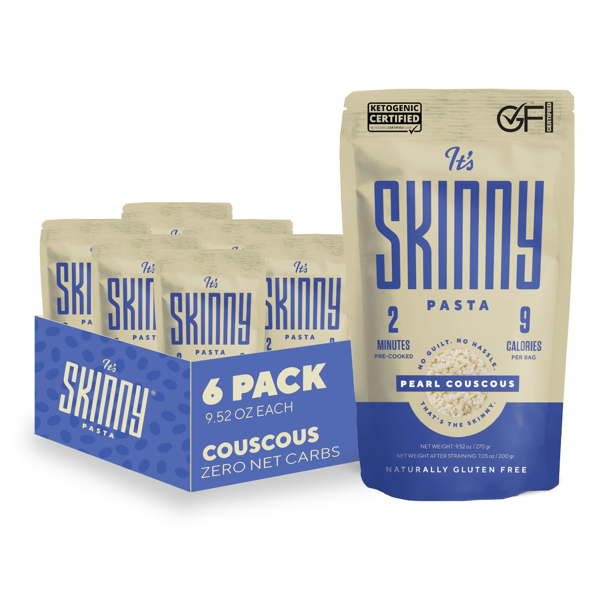Its Skinny Pearl Couscous front packaging shows a low-cal, keto-friendly pasta option.