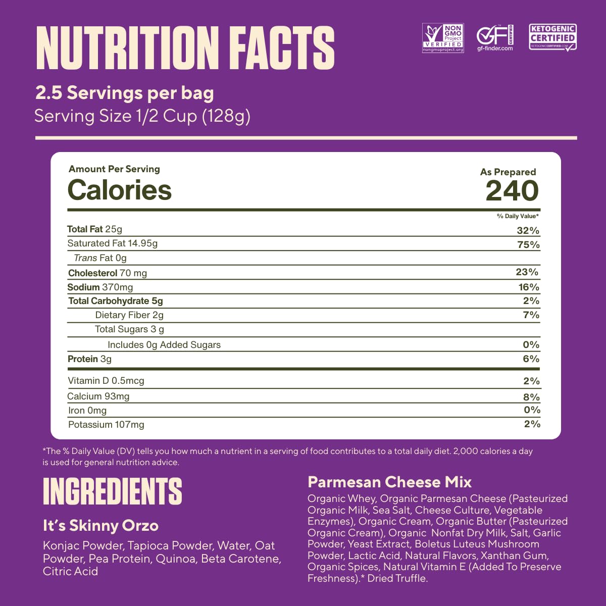 Nutritional information and packaging of It's Skinny Risotto.