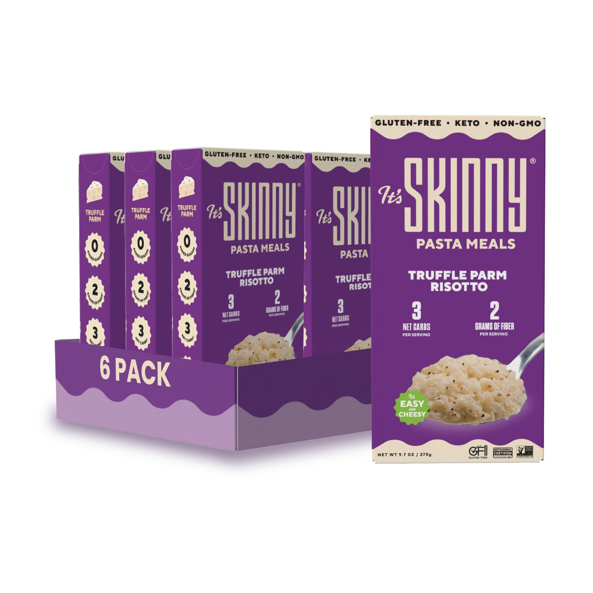 It's Skinny Truffle Parm Risotto pack on shelf highlights gluten-free, low-carb option.