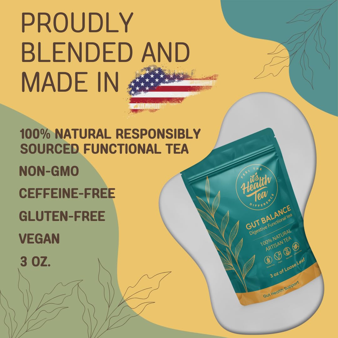 ItsHealthTea Gut Balance tea bags closeup highlighting herbal blend for gut wellness