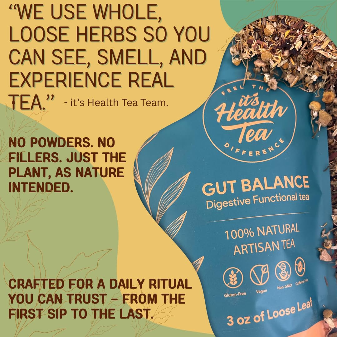 ItsHealthTea Gut Balance tea cup on a kitchen counter, ready to enjoy