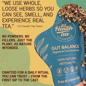 ItsHealthTea Gut Balance tea cup on a kitchen counter, ready to enjoy