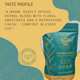 ItsHealthTea Gut Balance herbal infusion closeup highlighting calendula and hibiscus