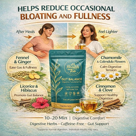 ItsHealthTea Gut Balance herbal blend ingredients closeup showing ginger, fennel, peppermint