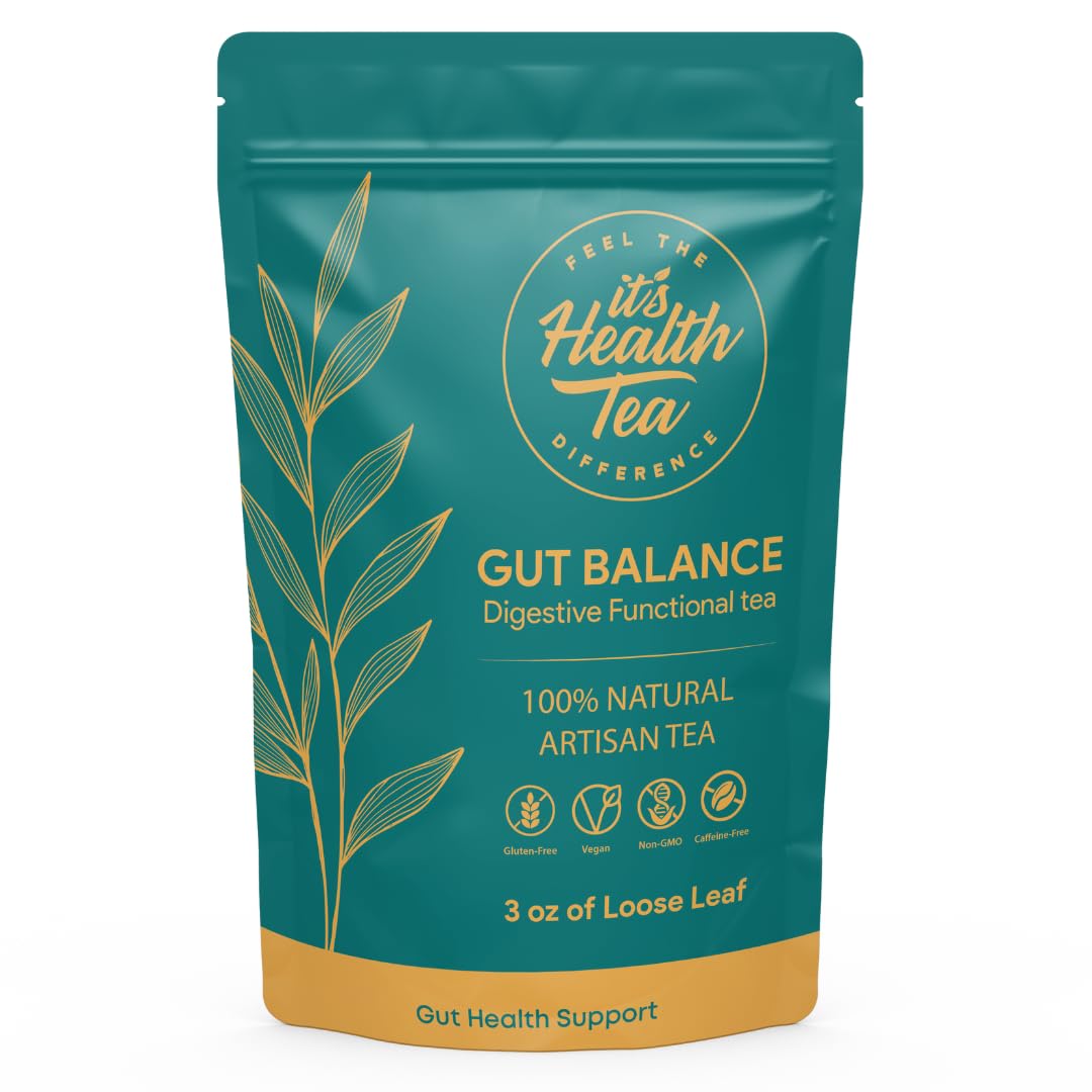 ItsHealthTea Gut Balance Tea packaging showcasing a caffeine-free daily digestive support blend