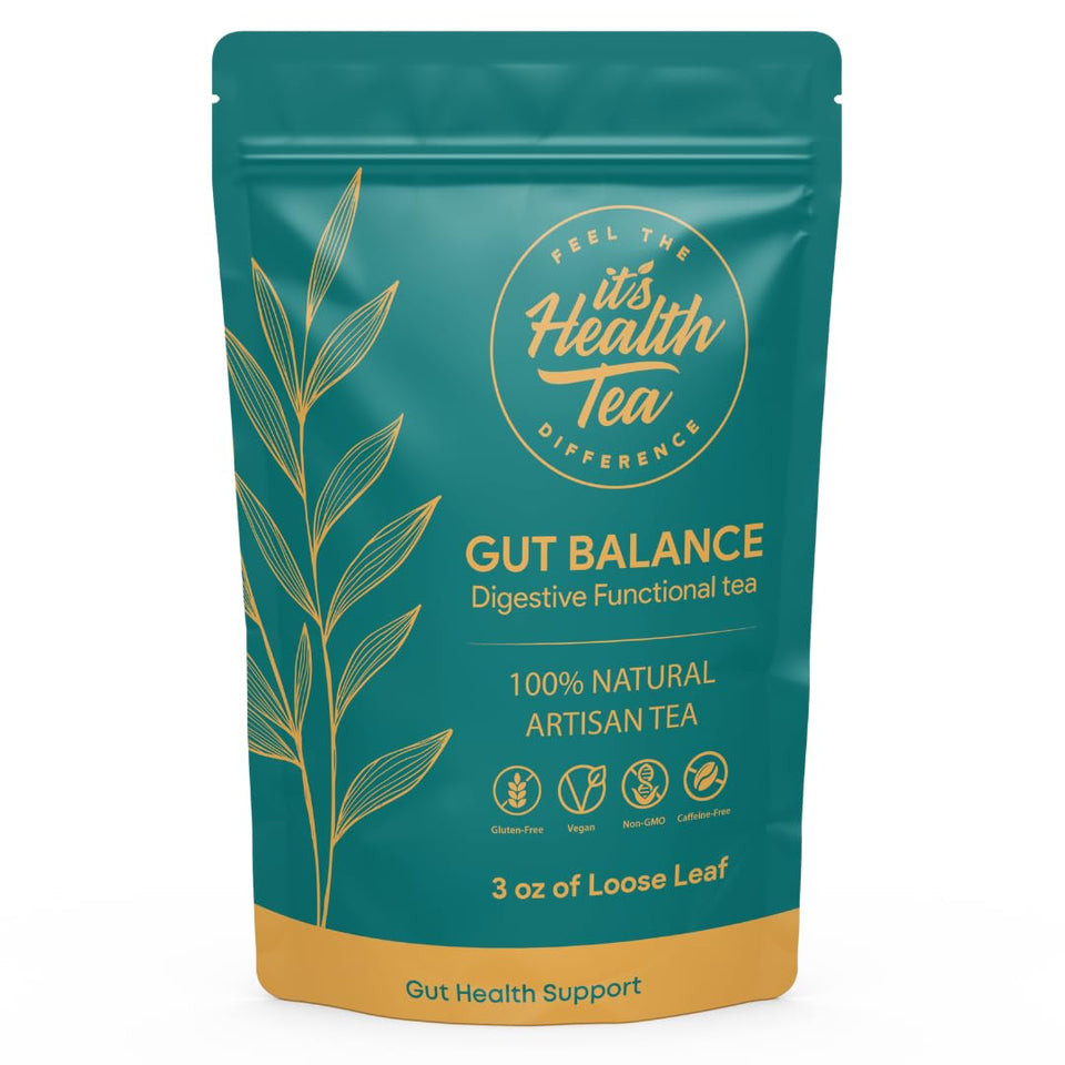 ItsHealthTea Gut Balance Tea packaging showcasing a caffeine-free daily digestive support blend