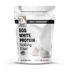 Its Just! egg white protein powder bag label highlighting purity and USA sourcing
