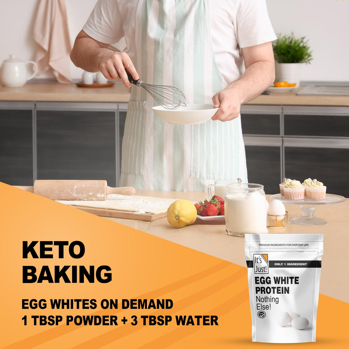 Its Just! egg white protein powder being poured into a liquid for shakes