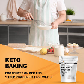 Its Just! egg white protein powder being poured into a liquid for shakes