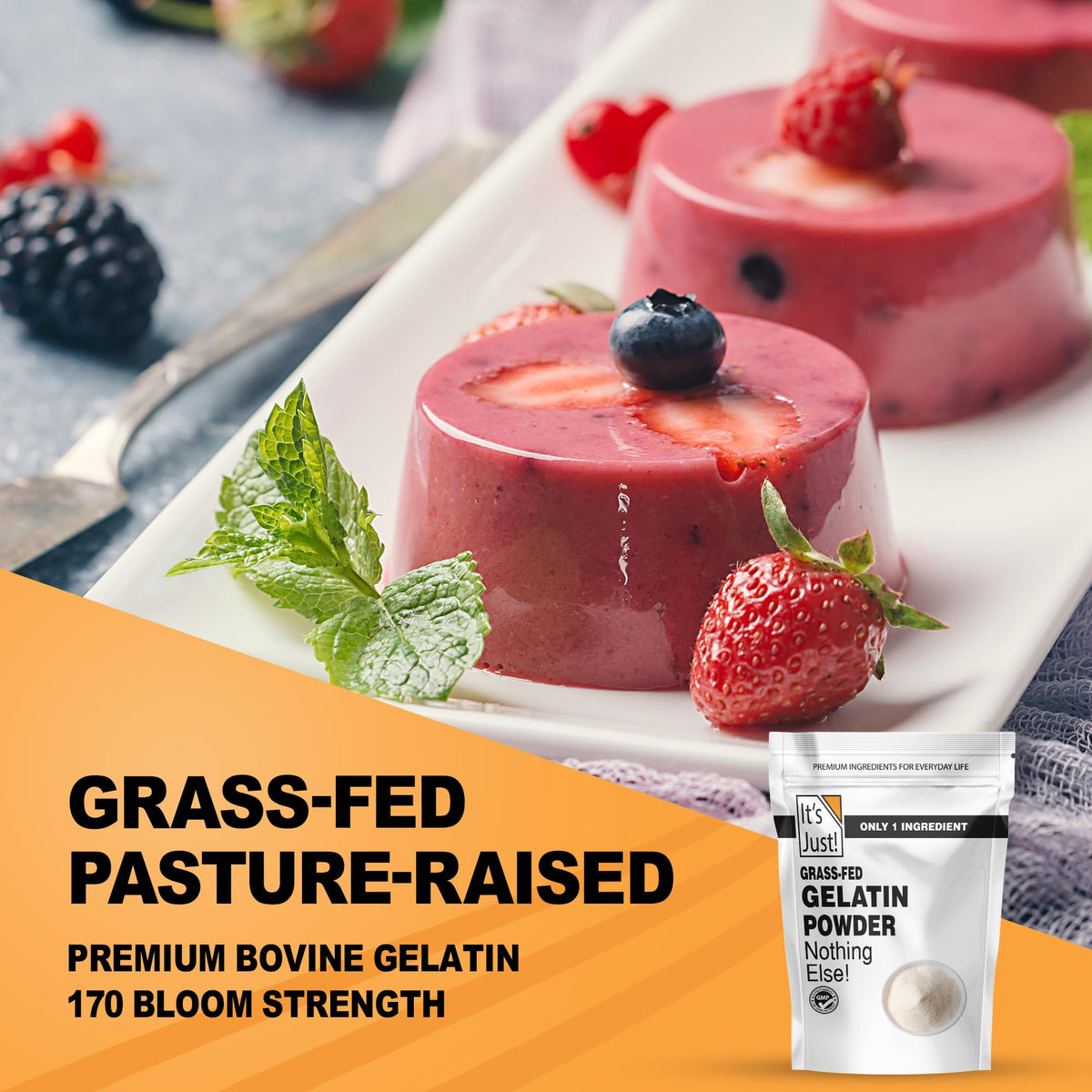 It's Just! gelatin powder blooming in cold liquid demonstrates easy hydration.