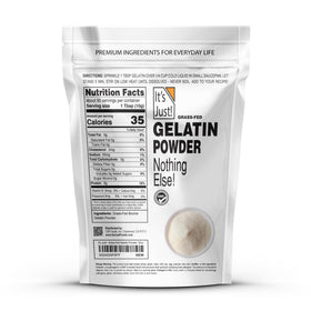 It's Just! gelatin powder with a measuring scoop highlights precise portioning for recipes.