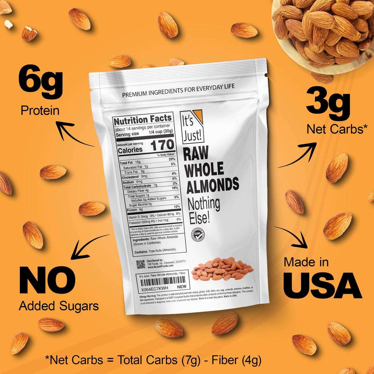 Its Just! Nutrient-rich almonds highlighting protein and fiber for balanced snacks.