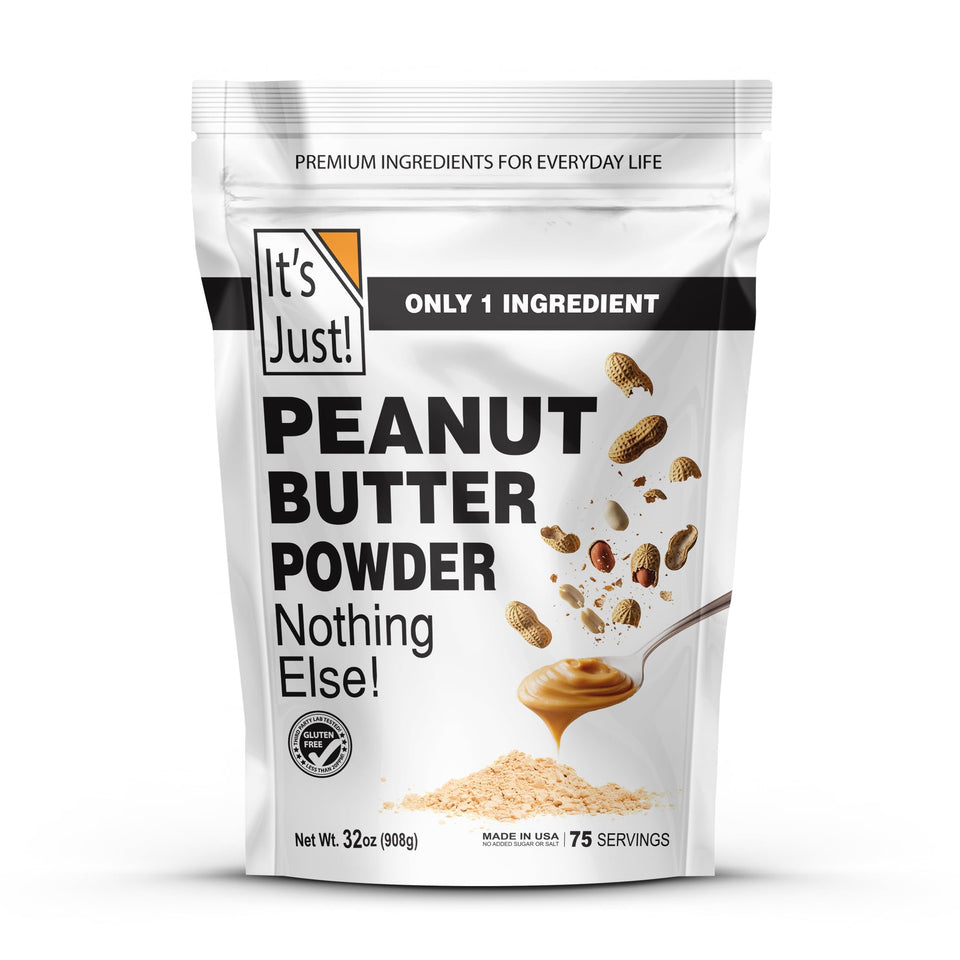 Its Just! peanut butter powder bag front, convenient low-fat snacking option.