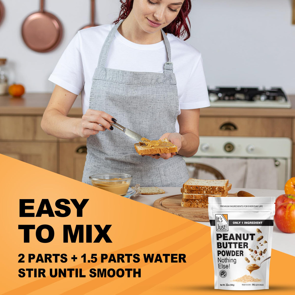 Its Just! peanut butter powder scoop in bowl for protein-packed smoothies.
