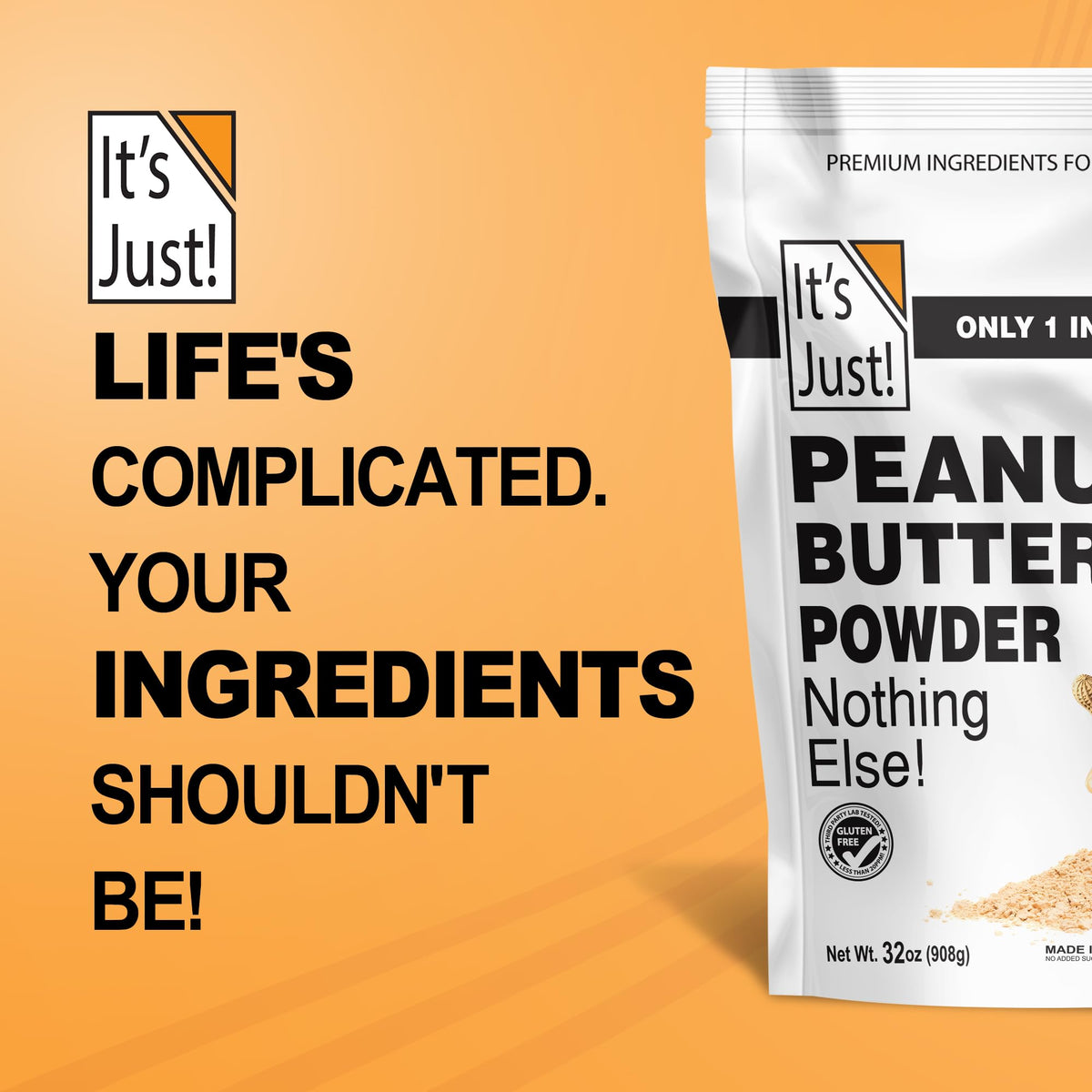 Its Just! peanut butter powder third-party testing badge for safety and transparency.