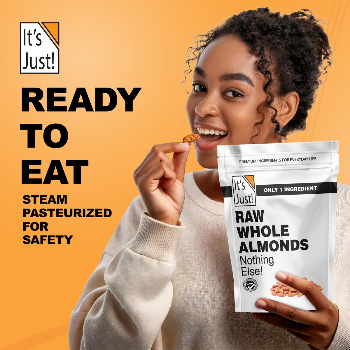 Its Just! Resealable bulk packaging keeps almonds fresh between uses.