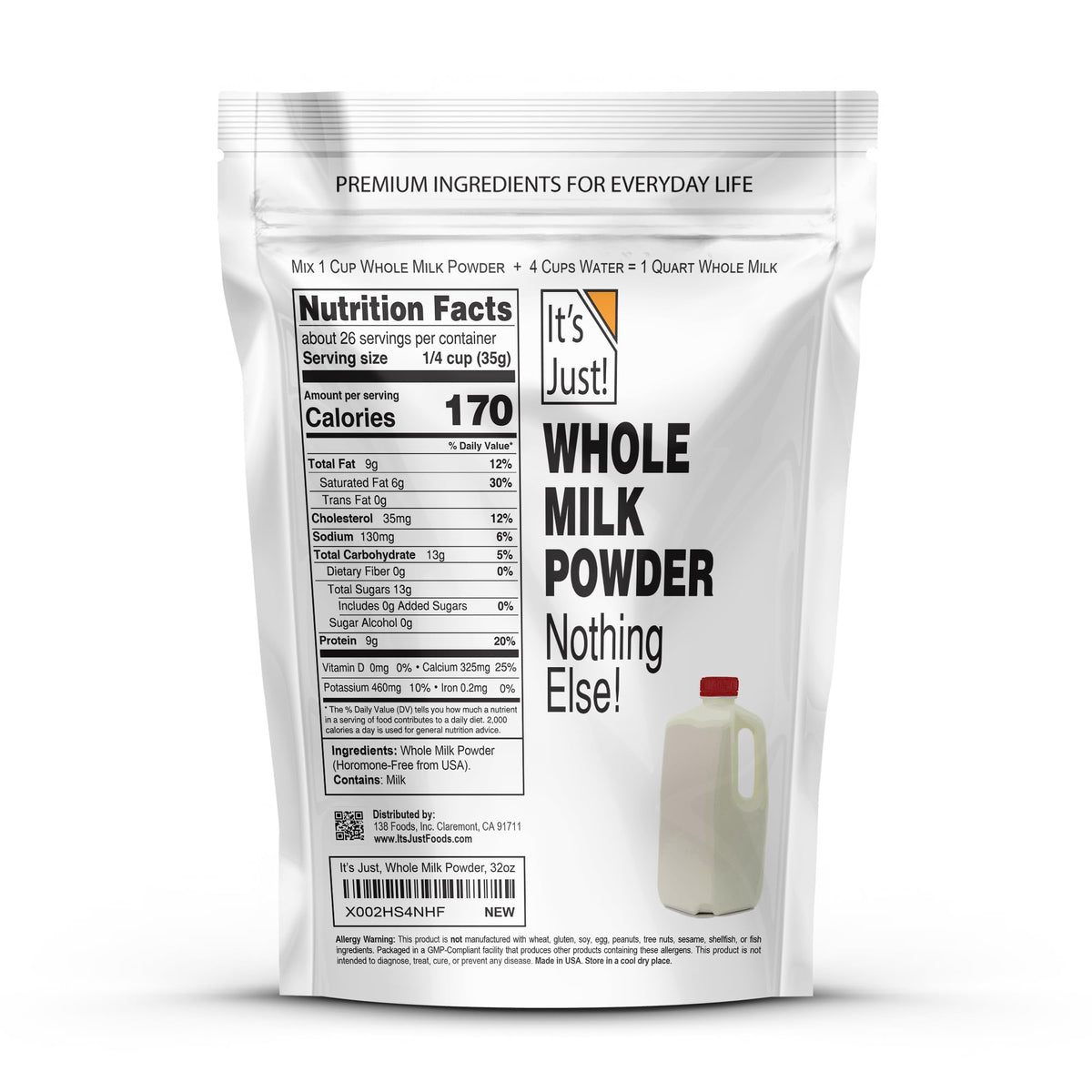 Its Just! Whole Milk Powder jar highlighting premium whole milk base.