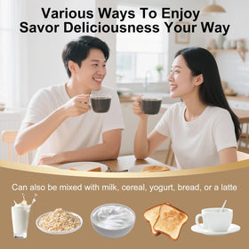 I WUGU powder in hot milk shows a warm creamy drink idea.