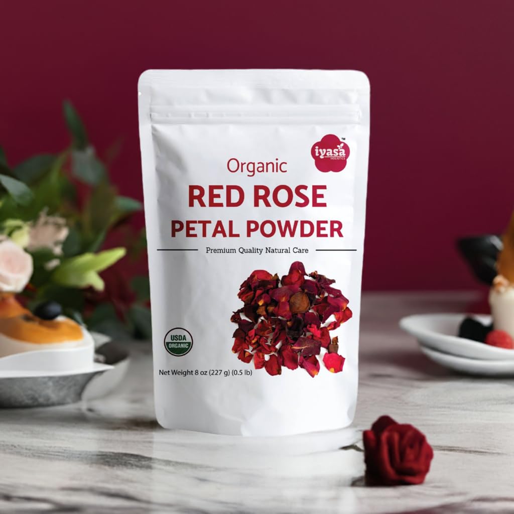 Iyasa Holistics rose petal powder infusion releasing floral aroma in tea