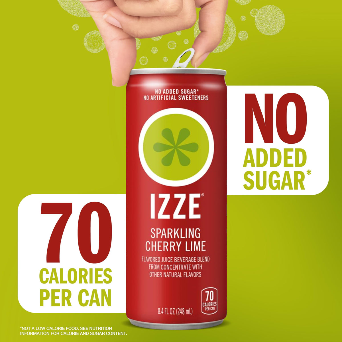 Glass with ice and IZZE Cherry Lime, vibrant bubbles rising.