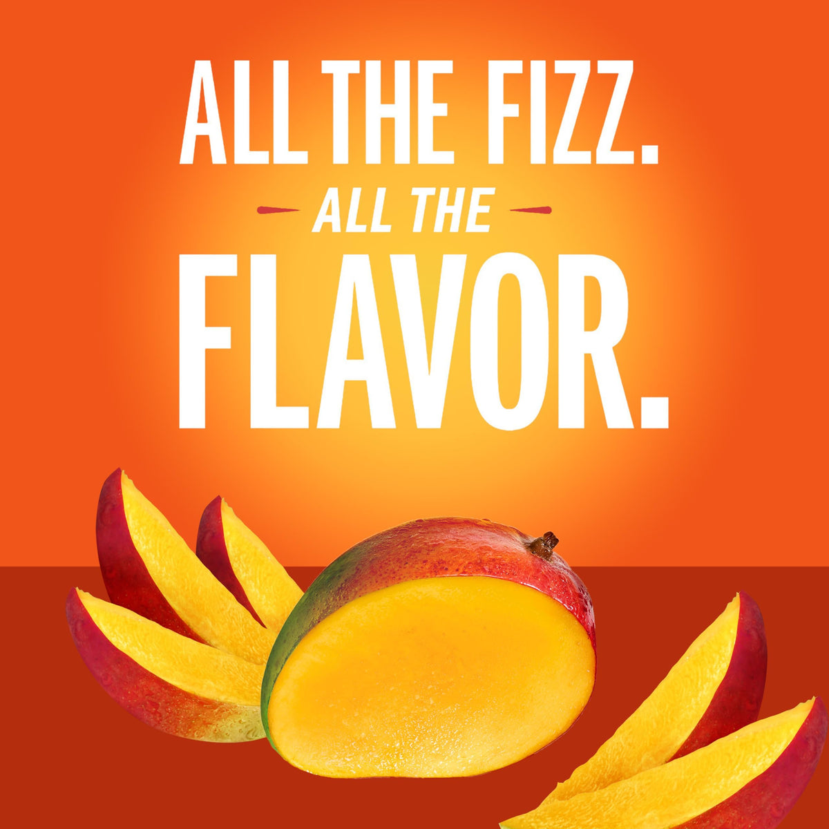 Closeup of IZZE Mango Sparkling Juice can with bold mango imagery