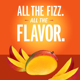 Closeup of IZZE Mango Sparkling Juice can with bold mango imagery