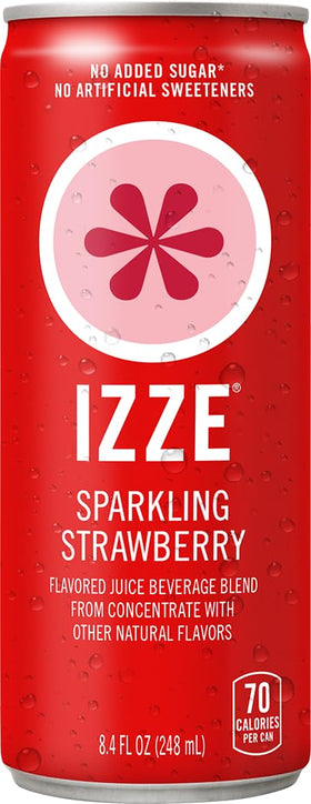 IZZE sparkling strawberry can, real juice, no added sugar, ideal for celebrations.