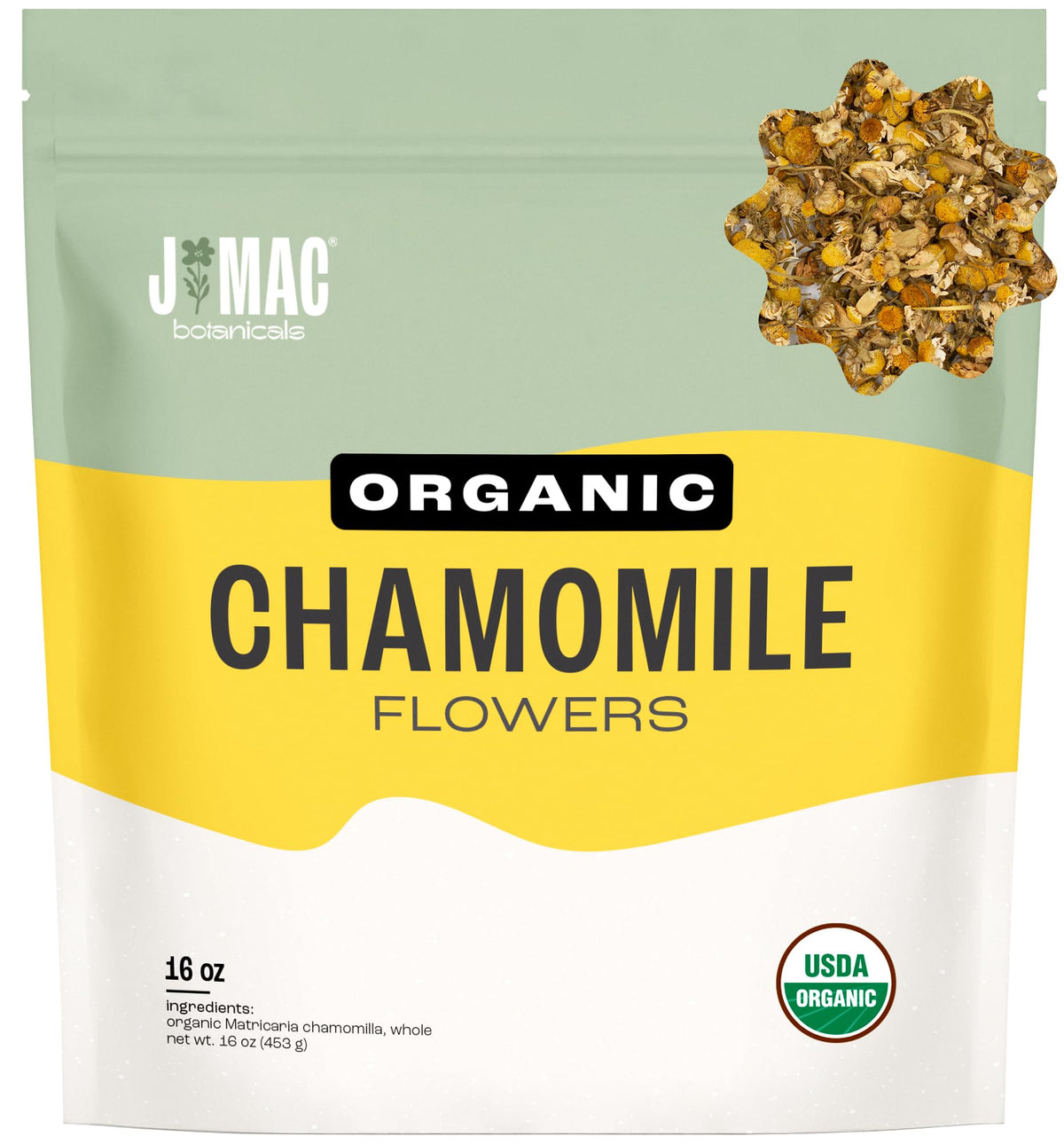 J Mac Botanicals chamomile flowers in whole heads for a bright, calming tea