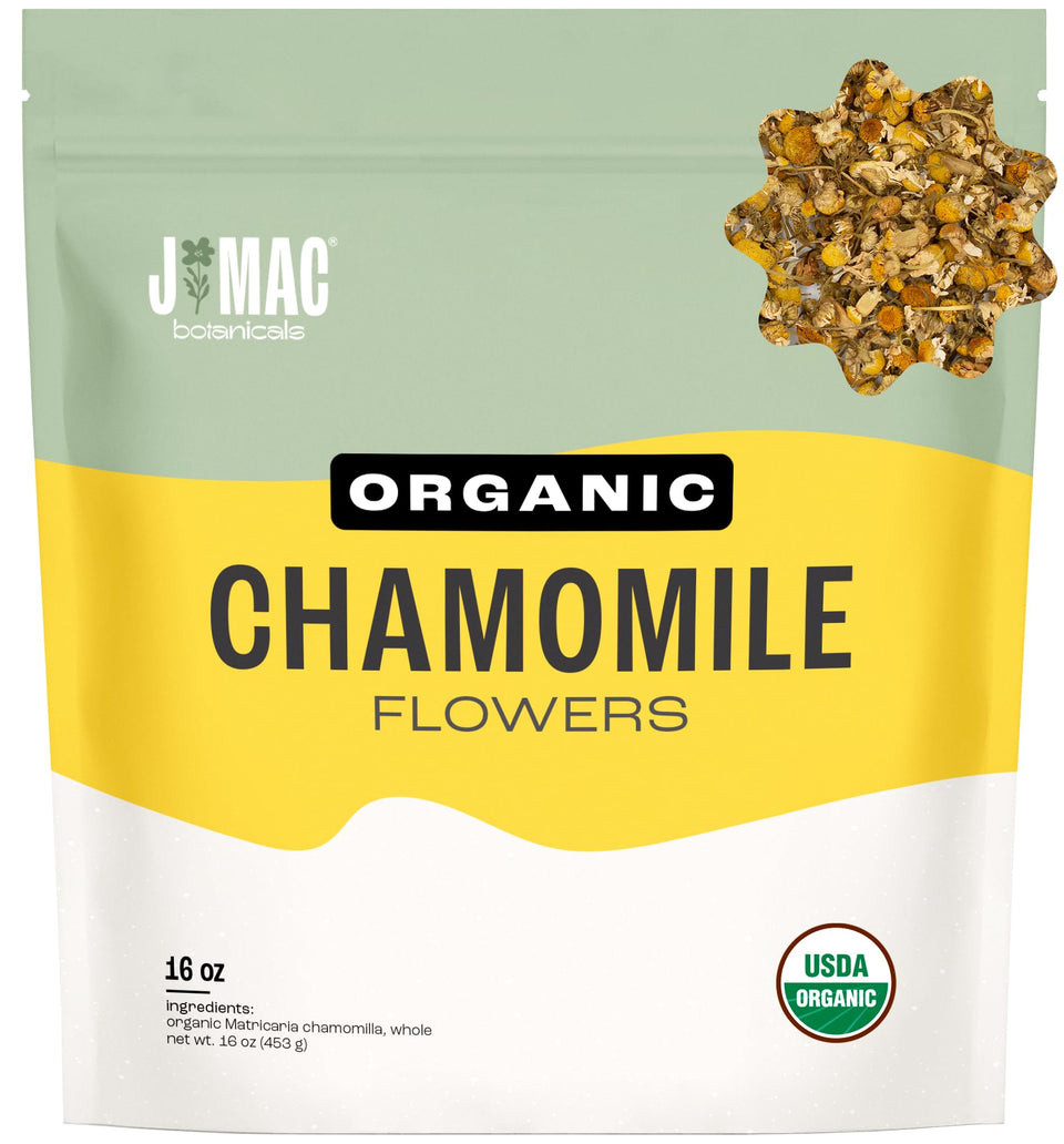 J Mac Botanicals chamomile flowers in whole heads for a bright, calming tea