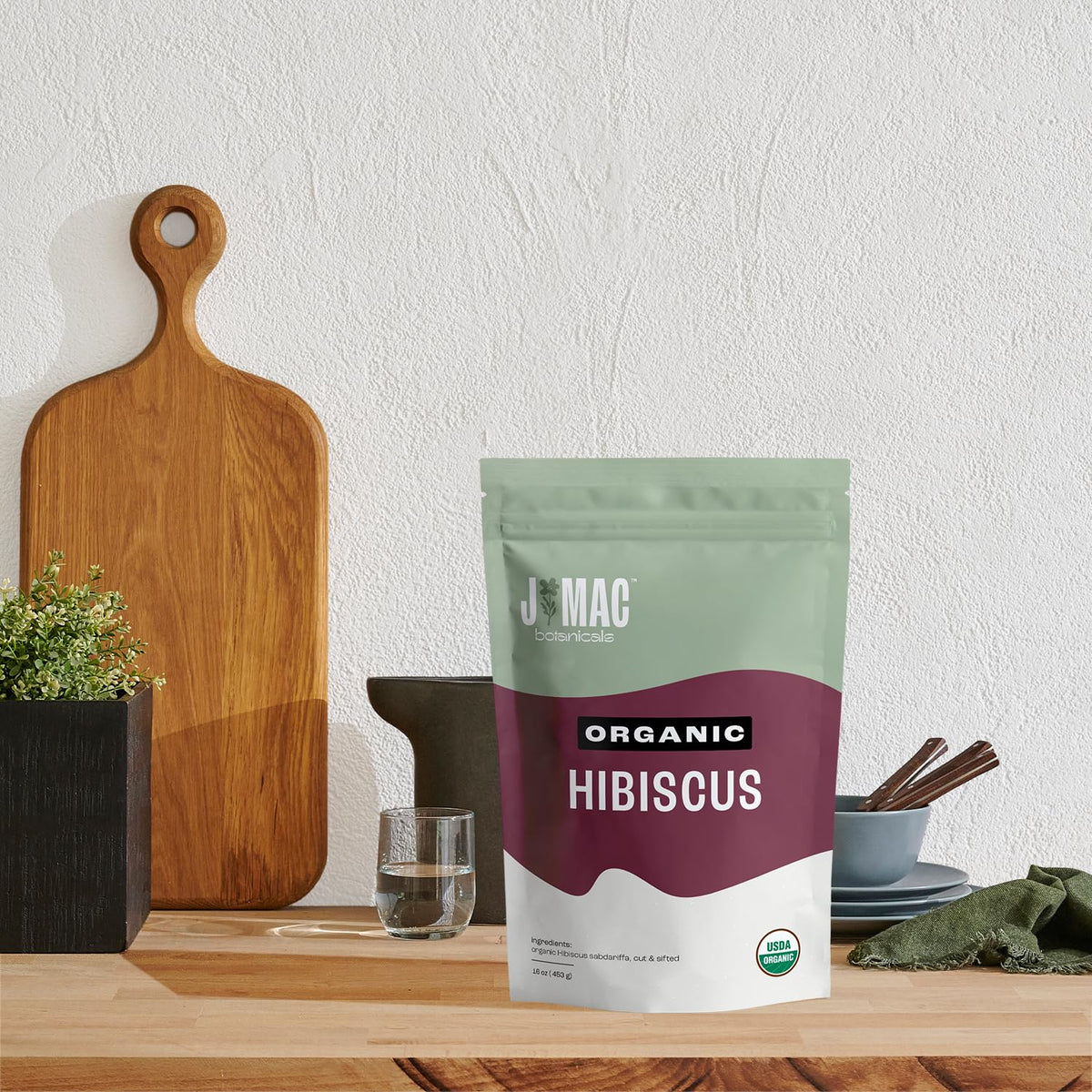 J Mac Botanicals hibiscus offers a sweet fruit scent with floral tartness.