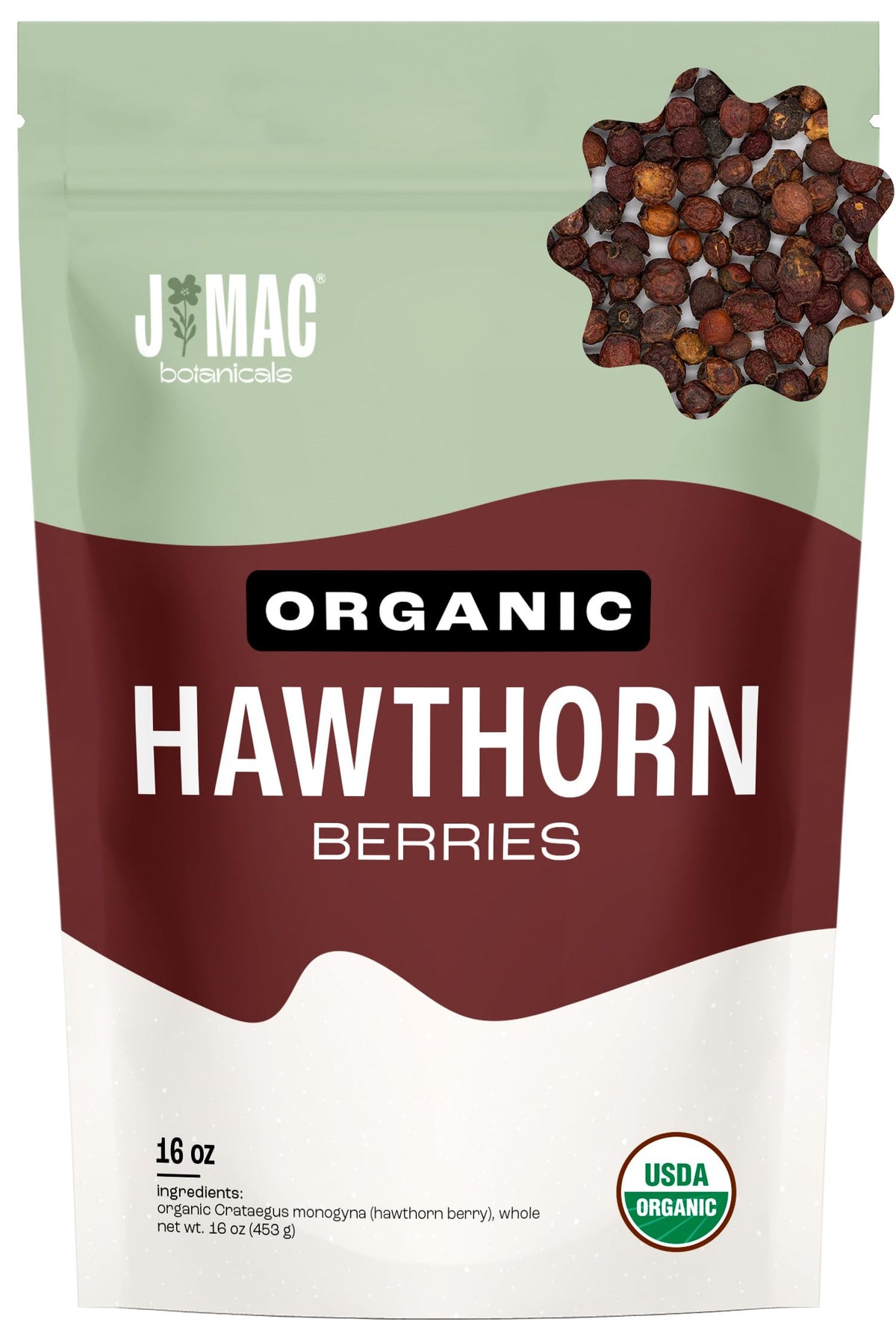 J Mac Botanicals hawthorn berries bulk 16 oz ready for tea, jam, or tincture.
