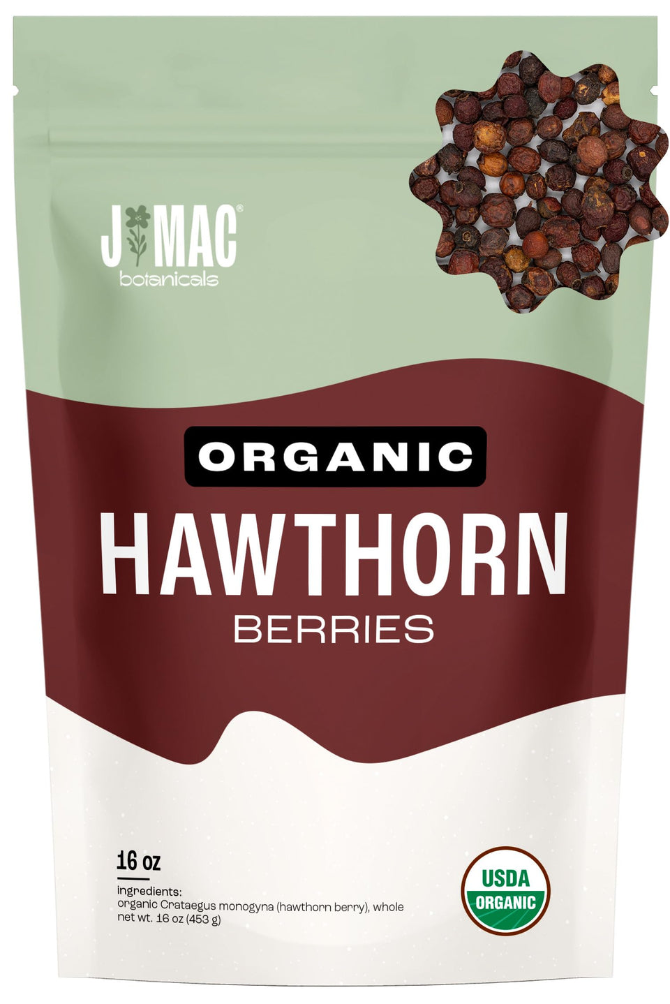 J Mac Botanicals hawthorn berries bulk 16 oz ready for tea, jam, or tincture.