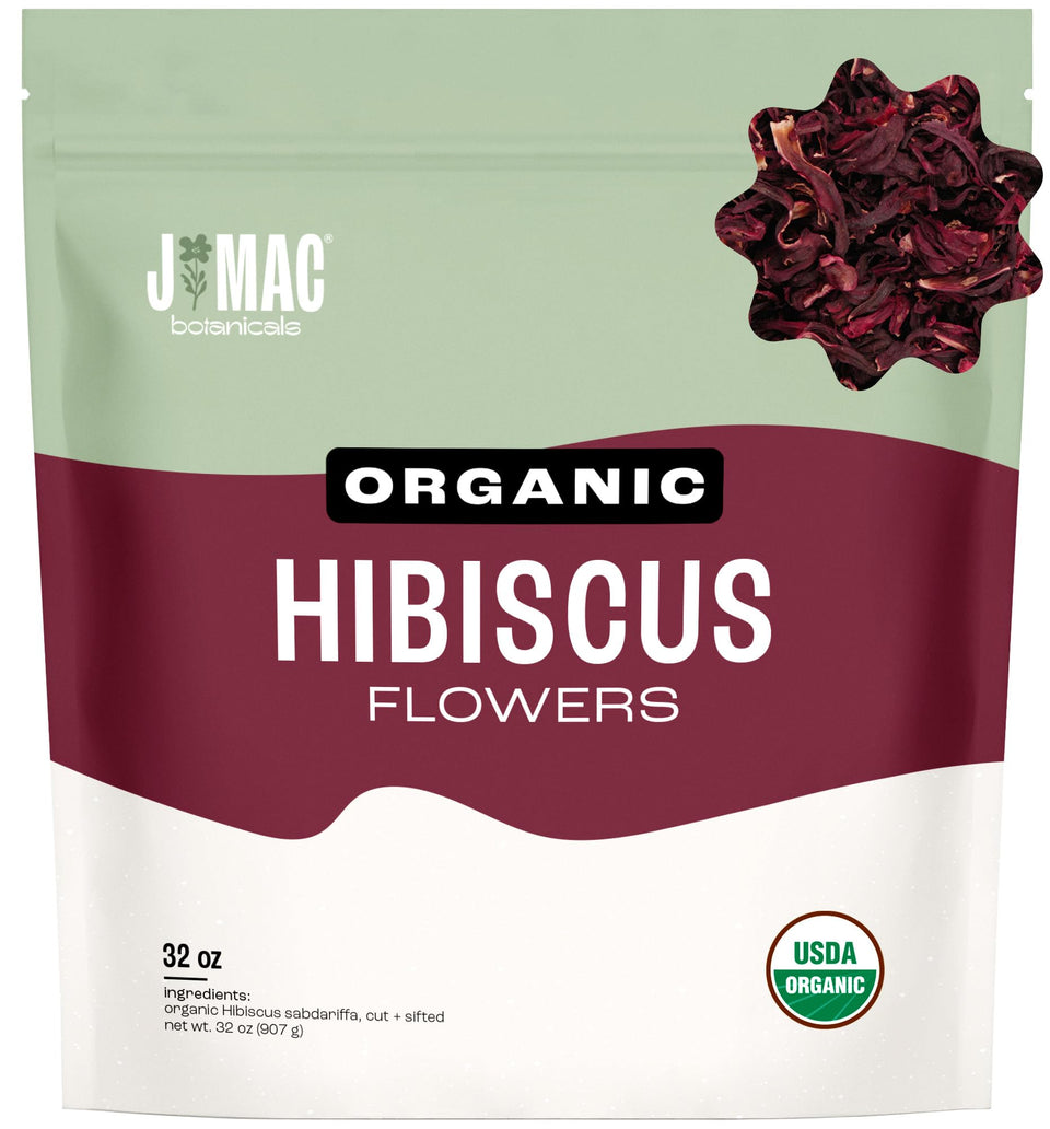 J Mac Botanicals hibiscus bulk pack for tea brewing and culinary use.