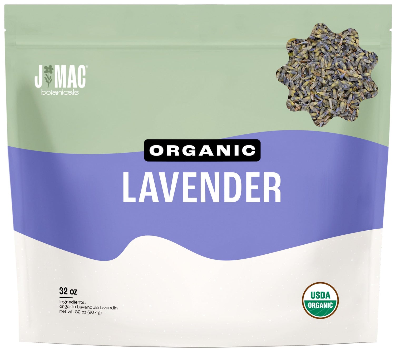 J Mac Botanicals lavender buds in bag close-up, ideal for sachets and DIY crafts.