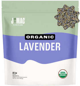 J MAC Botanicals lavender buds bulk bag closeup highlighting organic aroma ideal for cooking and crafts.