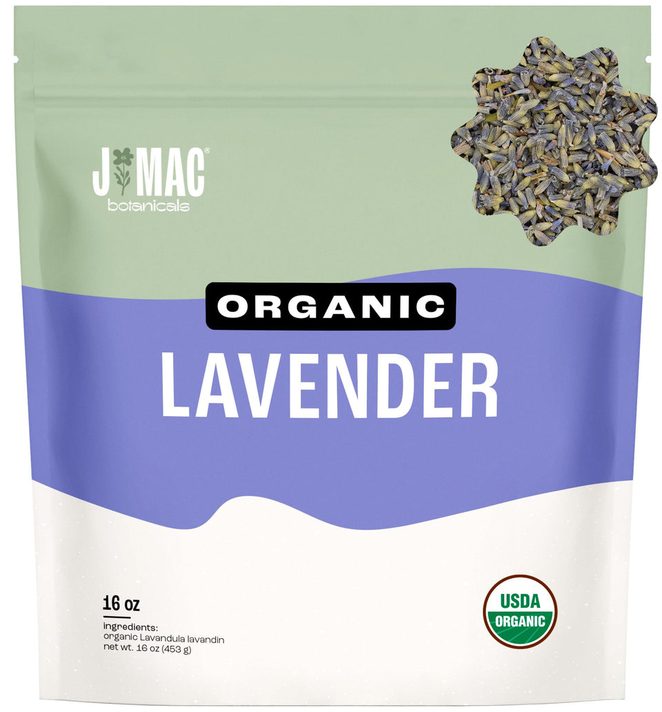 J MAC Botanicals lavender buds bulk bag closeup highlighting organic aroma ideal for cooking and crafts.