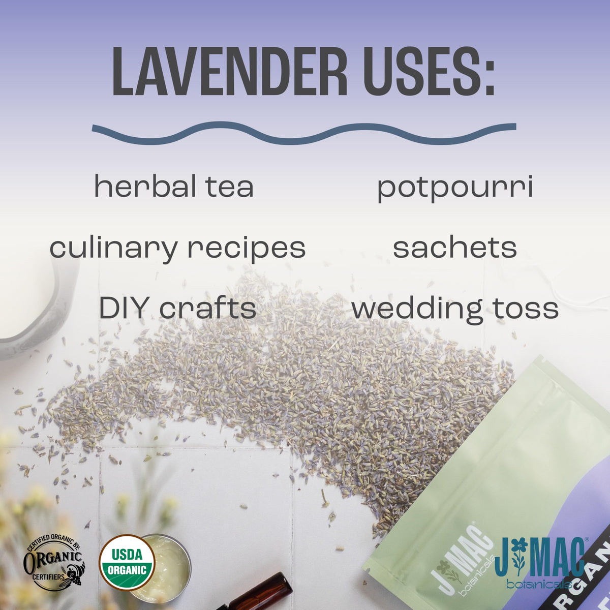 J MAC Botanicals lavender buds dessert garnish closeup suggesting floral notes for desserts.