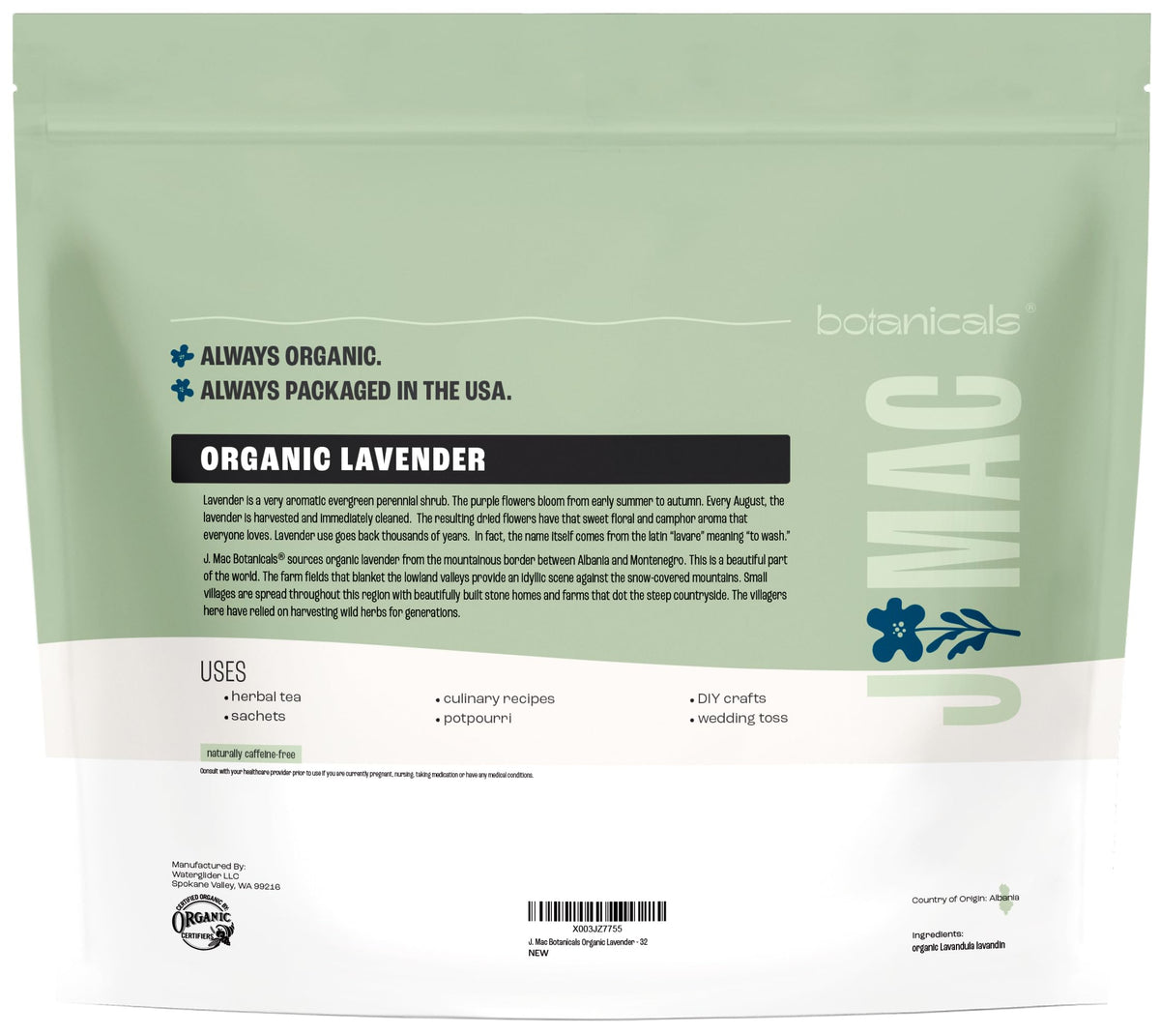 J Mac Botanicals dried lavender buds for crafts, sachets, and fragrant bath blends.