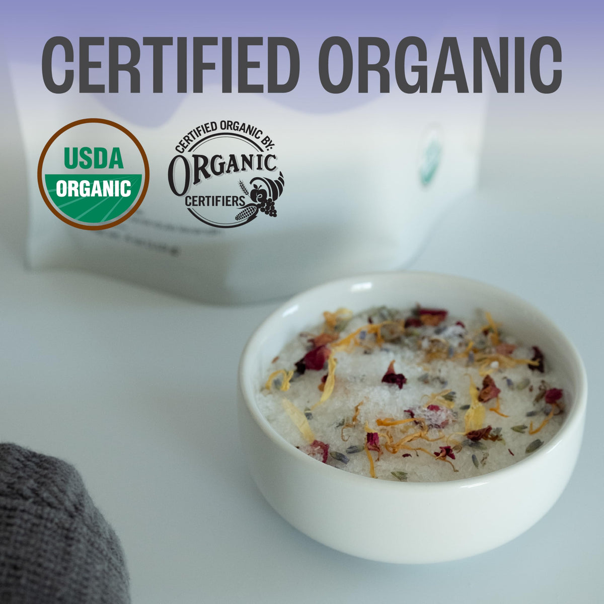 J Mac Botanicals lavender buds, spill-free packaging preserving fresh aroma for baking and tea.