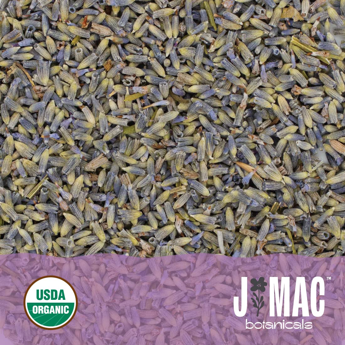 J MAC Botanicals lavender buds mountain harvest closeup emphasizing origin and family farming.